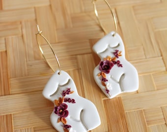Adorn Autumn earrings, floral earrings, maroon and gold floral earring, Jane body, clay flower earrings, handmade flower bouquet jewelry