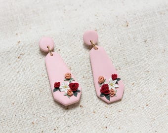 Jenny Rose earrings, floral earrings, pink and white rose floral earring, Noelaia, clay flower earrings, handmade flower bouquet jewelry