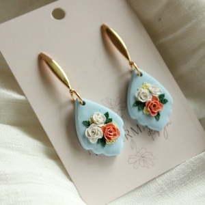 Blue & You floral earring, polymer clay earrings, flower bouquet, clay flower earring, light blue jewelry, handmade flower bouquet earrings