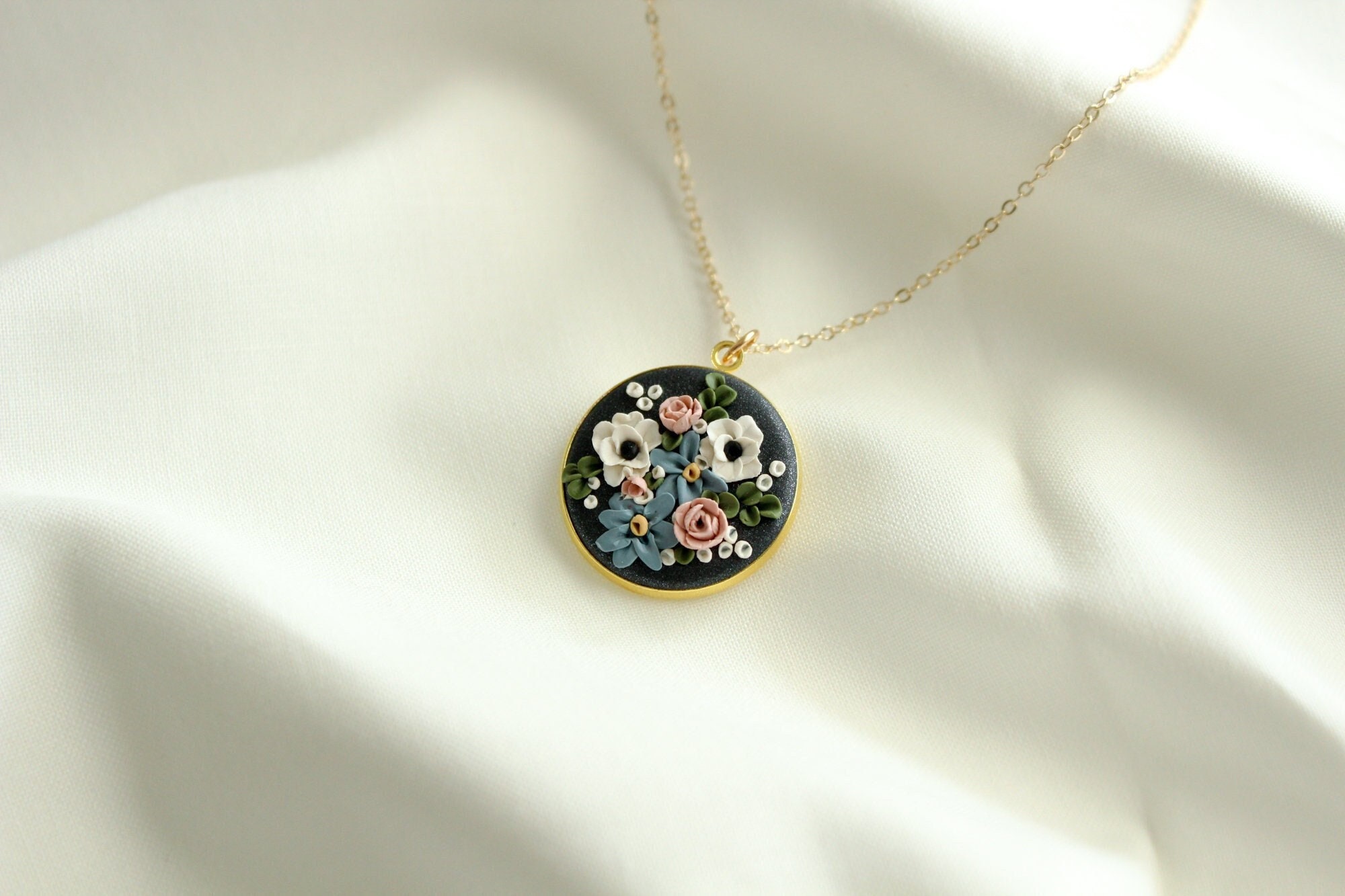 Polymer Clay Floral Necklace, Wild Flower Bouquet Necklace, 14k Gold