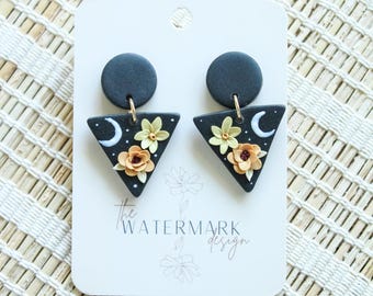 Autumn Moon and Stars Celestial earrings, floral earrings, yellow and orange floral earring, Sedna, witchy halloween earrings, crescent moon