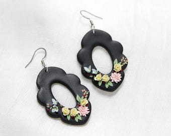 Lillian earrings, floral earrings, black and pastel floral earring, Kai Body, clay flower earrings, handmade flower bouquet jewelry