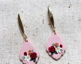 Jenny Rose earrings, floral earrings, pink and white rose floral earring, Darya, clay flower earrings, handmade flower bouquet jewelry