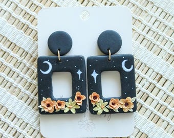 Autumn Moon and Stars Celestial earrings, floral earrings, yellow and orange floral earrings, rio, witchy halloween earrings, crescent moon