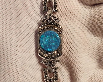 Opal Coober Pedy opal doublet vintage bracelet with marcasite accents- OpalWatching opal pendants and bracelets