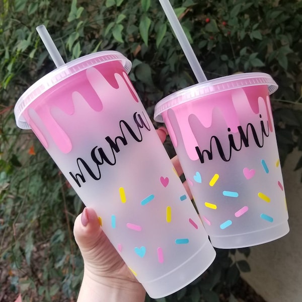 Mama and Mini Ice Cream Drip Cup | Mommy and Me | Sprinkles | Reusable Cold Cup with Lid and Straw | Gift for Friend | Matching Cups