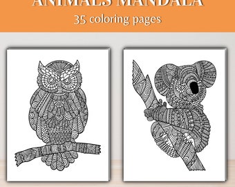 Könnte beinhalten: Zwei schwarz-weiße Mandala-Malvorlagen. Eine zeigt eine Eule auf einem Ast, die andere einen Koala. Der Text "ANIMALS MANDALA" und "35 coloring pages" ist oben im Bild zu sehen.