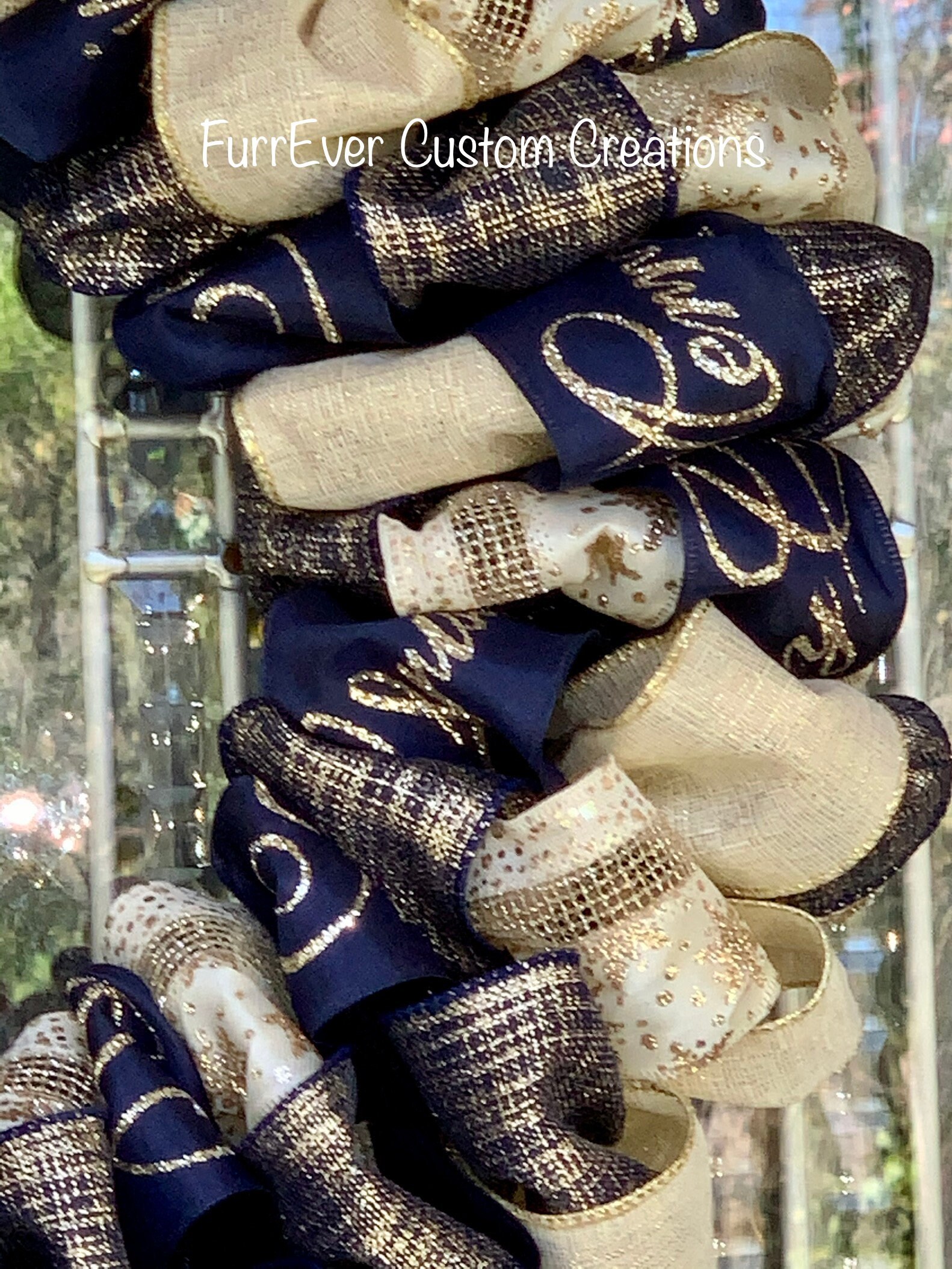BEAUTIFUL Navy Blue and Gold Merry Christmas Ribbon Wreath