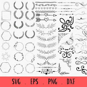 190 Elementos decorativos SVG, Florituras SVG, Remolinos SVG, Divisores Bordes Svg, Decoración de texto Svg, Borde circular svg, Elementos de garabato svg