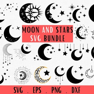 Maan en sterren SVG, maan SVG, wassende maan SVG, hemelse SVG, maan sterren vector, maan sterren gesneden bestand, maan silhouet, nachtelijke hemel SVG, png