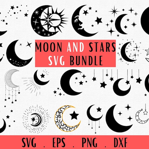 Moon and Stars Svg, Moon Svg, Crescent Moon Svg, Celestial Svg, Moon Stars Vector, Moon Stars Cut file, Moon Silhouette, Night Sky Svg, PNG