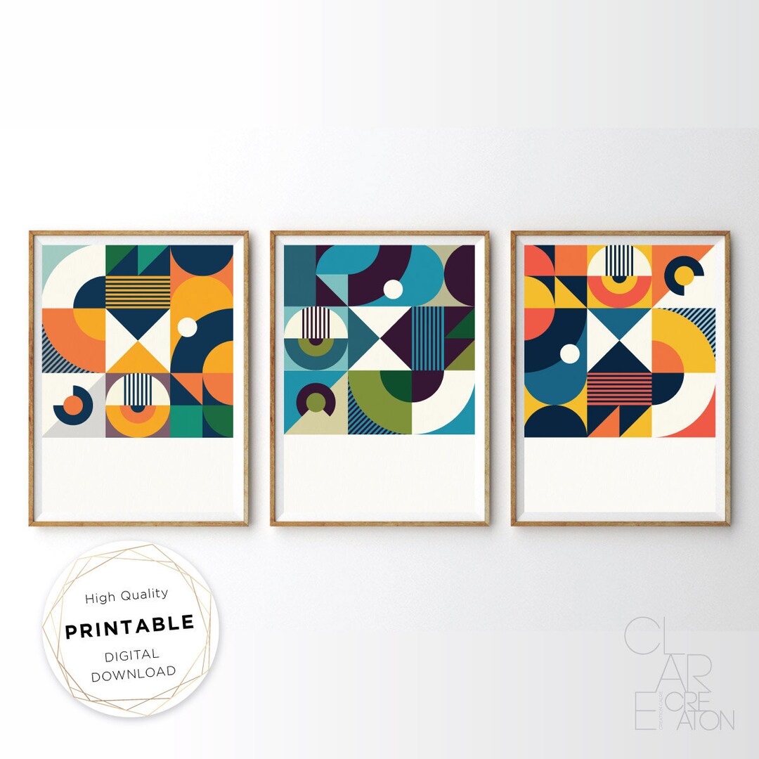 Mid Century Modern Art Print Set of 3, Neutral Geometric Gallery Wall ...