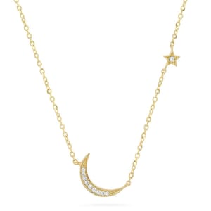 14k Solid Gold Diamond Petite Moon and Star Yellow Gold or Rose Gold Necklace