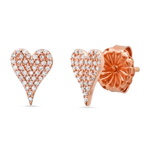 14k solid rose and yellow gold genuine diamond pave signature modern heart stud earring gift