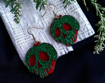 Poison Apple Earrings, Snow White apple, Green Glitter Witchy Jewelry