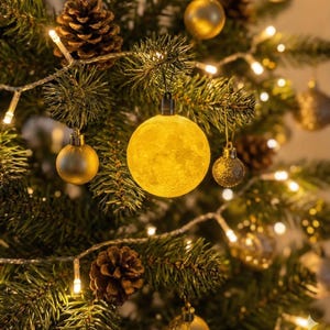 Mini moon light ornament hanging from a green Christmas tree branch. The warm yellow light glows against pine needles and white string lights. The 3D-printed texture mimics real moon craters.