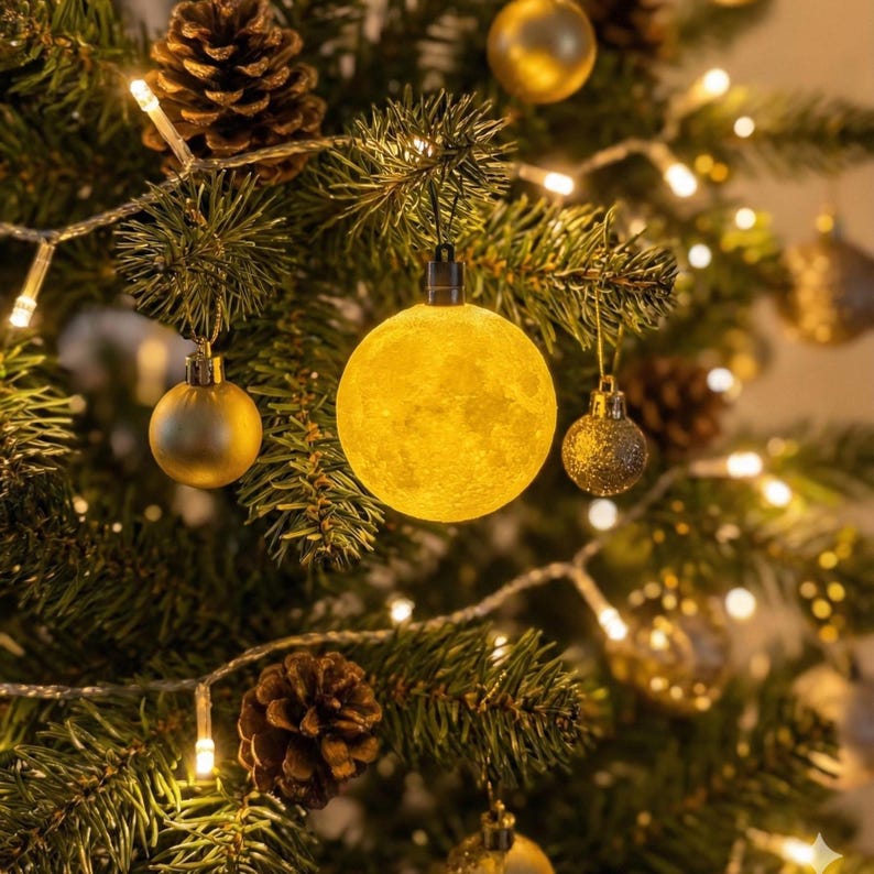 Mini moon light ornament hanging from a green Christmas tree branch. The warm yellow light glows against pine needles and white string lights. The 3D-printed texture mimics real moon craters.