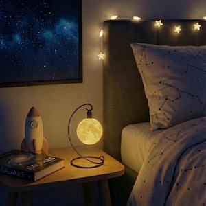 Glowing moon ornament used as a nightlight on a bedside table in a softly lit bedroom with celestial-themed wall art and decor.