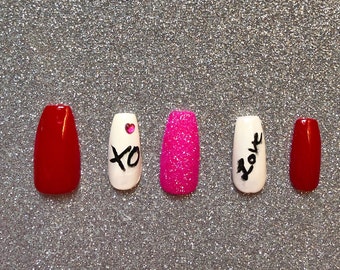 Valentine's Day Press on Gel Nails Featuring Hand Painted - Etsy