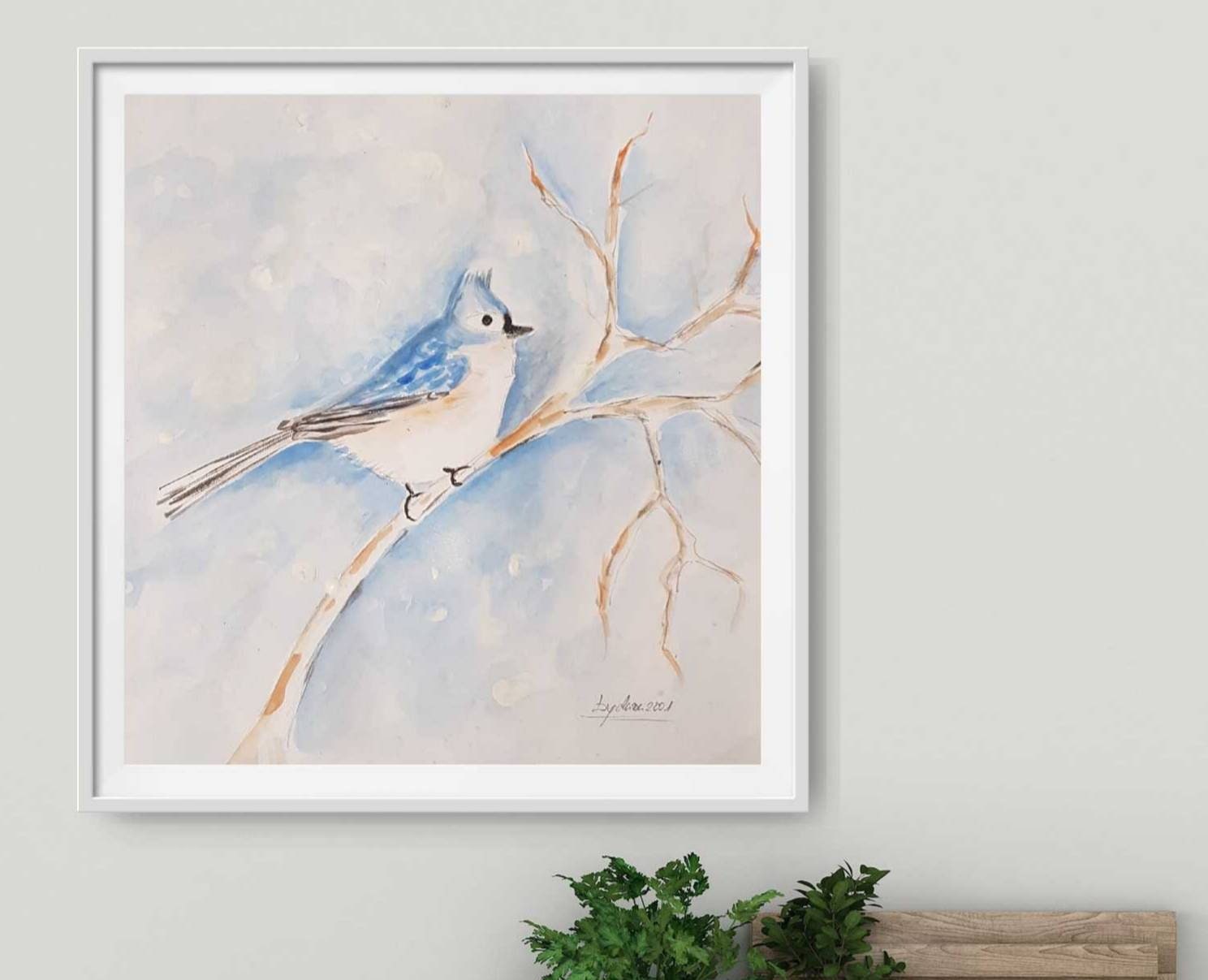 Original watercolor of blue bird in winter landscape on tree | Etsy