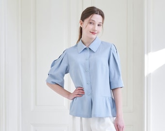 blue frill shirtblouse, LBYL, made in Korea