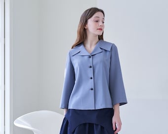 Blue Sailor Collar Blouse Shirt, LBYL, made in Korea