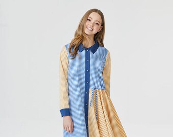 Denim overall skirt yellow check outlet
