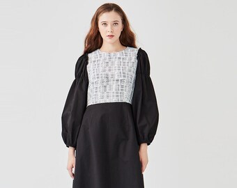 Black lettering pattern sleeve shirring dress, A Korean designer, LBYL, made in Korea