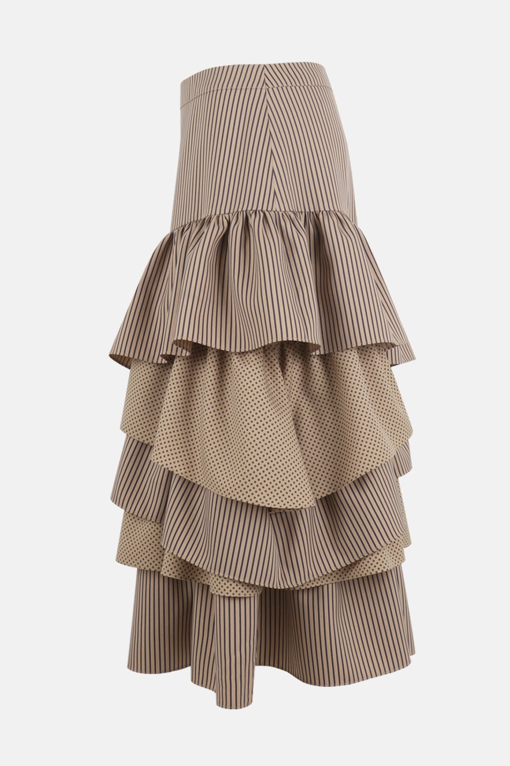 【EEUN】Cancan Unbal Skirt Beige Stripe Unbalanced Frill Cancan Skirt, A Korean