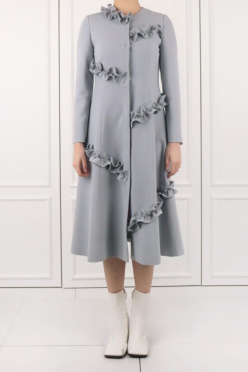 Diagonal Frill Edge Light Grey One-piece Coat A Korean designer made in Korea LBYL