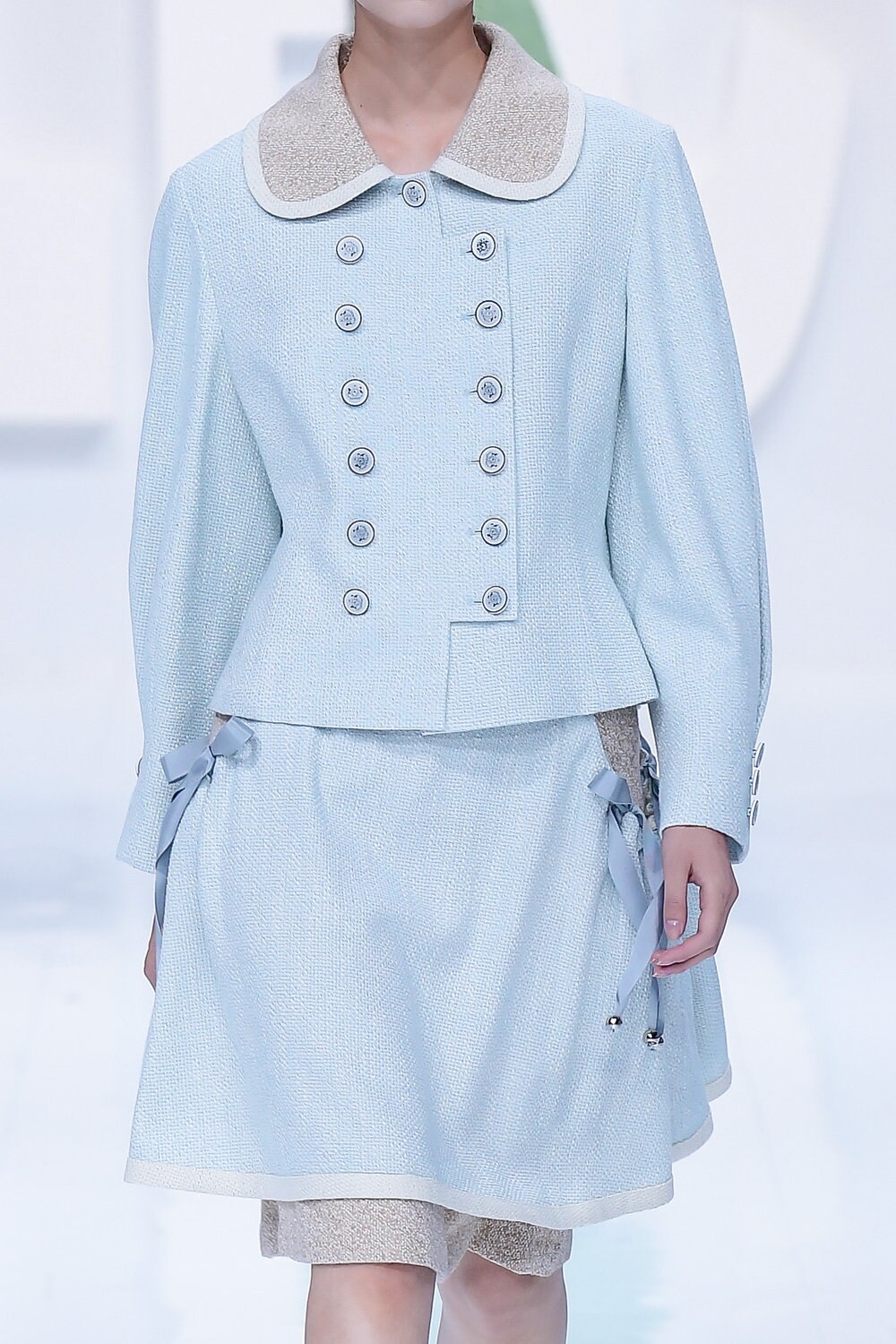 Blue Tweed Color Matching Ribbon Skirt, LBYL, Made in Korea