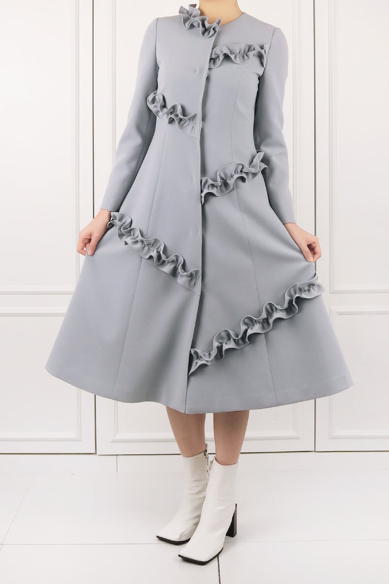 Diagonal Frill Edge Light Grey One-piece Coat A Korean designer made in Korea LBYL