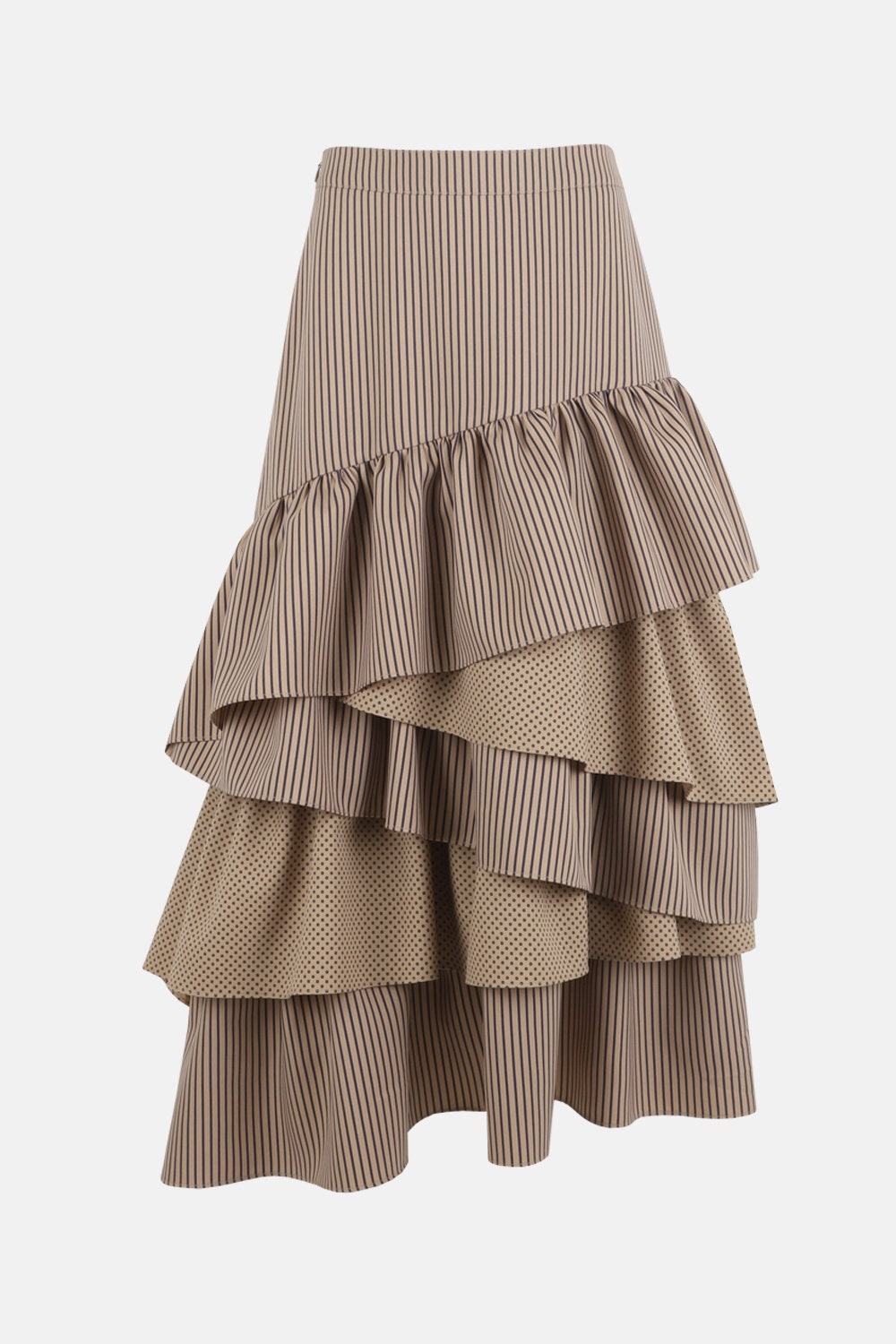 【EEUN】Cancan Unbal Skirt Beige Stripe Unbalanced Frill Cancan Skirt, A Korean