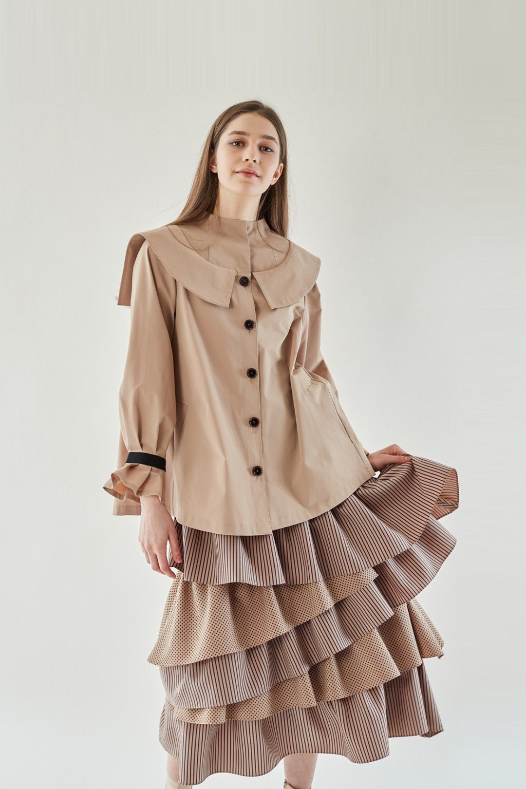 【EEUN】Cancan Unbal Skirt Beige Stripe Unbalanced Frill Cancan Skirt, A Korean