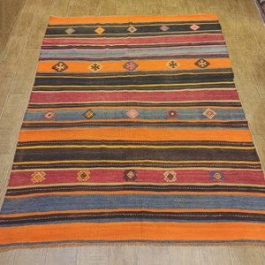 Decorative kilim, handmade kilim, striped kilim, Anatolian kilim, wool kilim, Turkish kilim, orange kilim,orange rug, decorative rug, tribal