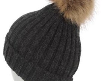 Faux Fur Plain Pom Pom Beanie Hat 