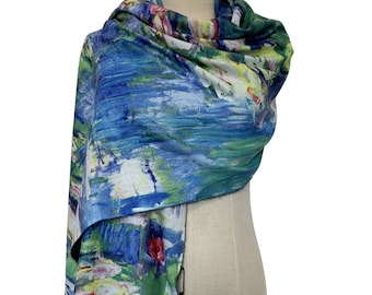 Claude Monet Print  Scarf | Water Lilies Painting | Print Wool Scarf with Tassels| Great Gift Idea