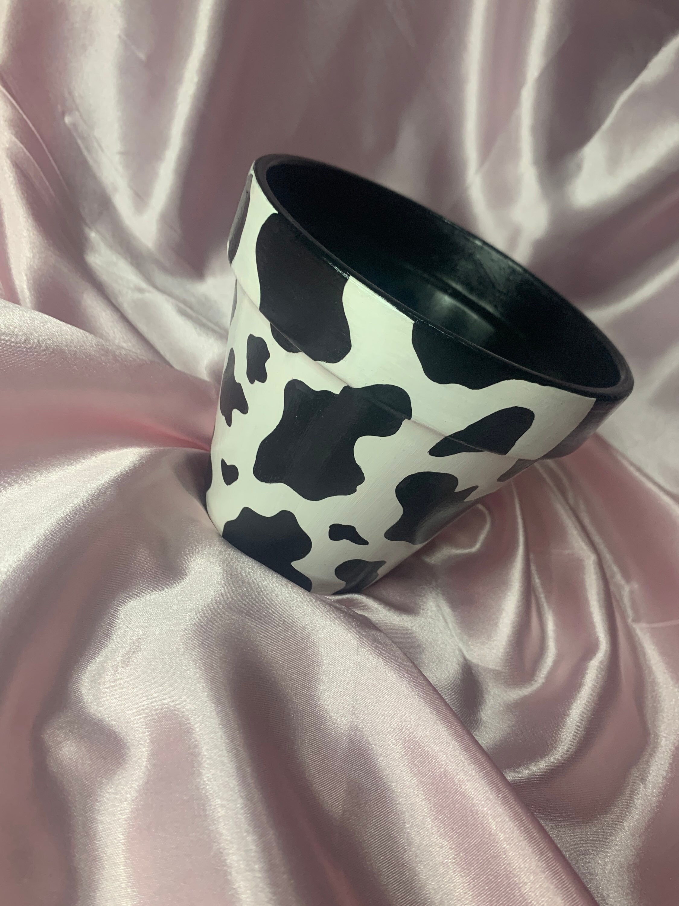 Handmade Painted Acrylic on Terracotta Indoor Home Wear Decorative Flower Pot Planter in Baby Pink & Gold Cow Print y2k Plant Pot