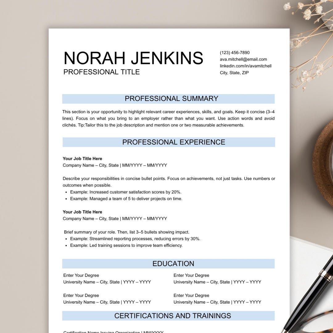 Modern Resume Template, Simple CV Design (google Docs, Word, Canva) - Etsy