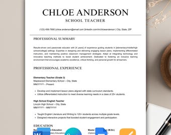 ATS Teacher Resume Template Word, Teacher Education CV Google Docs, Resume Template Google Docs, Resume Editable Canva Template