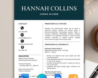 Teacher Resume Template Google Docs, ATS Friendly Resume Word, Resume Template Pages, Canva Resume Editable Resume Word