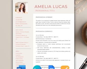Modern Resume Template, ATS Cover Letter, CV Google Docs, Canva, Word (Digital Download)