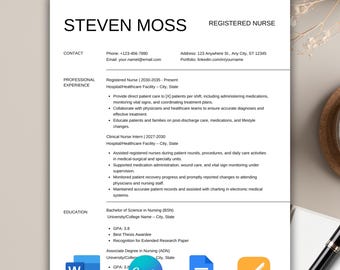 Professional Nurse Resume Template, Modern Clean Design (Google Docs, Word, Canva)