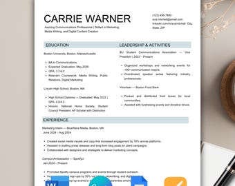 Plantilla de currículum universitario en Google Docs, currículum estudiantil editable en Word, currículum para solicitud universitaria compatible con ATS, plantilla de currículum para bachillerato en Canva