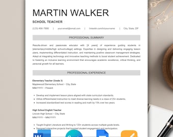 Teacher Resume Template, Cover Letter, References (Google Docs, Word, Canva Editable)