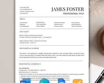 Plantilla de currículum minimalista, CV ejecutivo, carta de presentación (descarga digital)