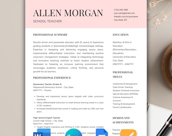 Google Docs Teacher Resume Template, Word Resume Template for Teachers, Teacher Cover Letter, Modern Design Canva Resume
