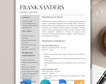 Teacher Resume Template, Modern Editable Design (Google Docs, Word, Canva)