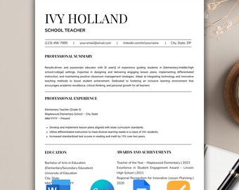 Teacher Resume Template Google Docs, ATS Friendly Resume Teacher Word, Editable Canva Resume Template