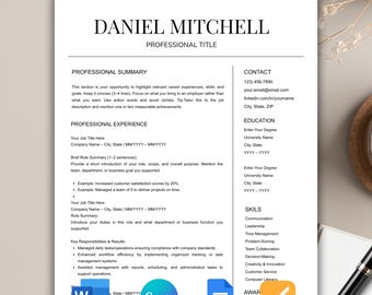 Professional Resume Template, Modern CV Design (Digital Download)